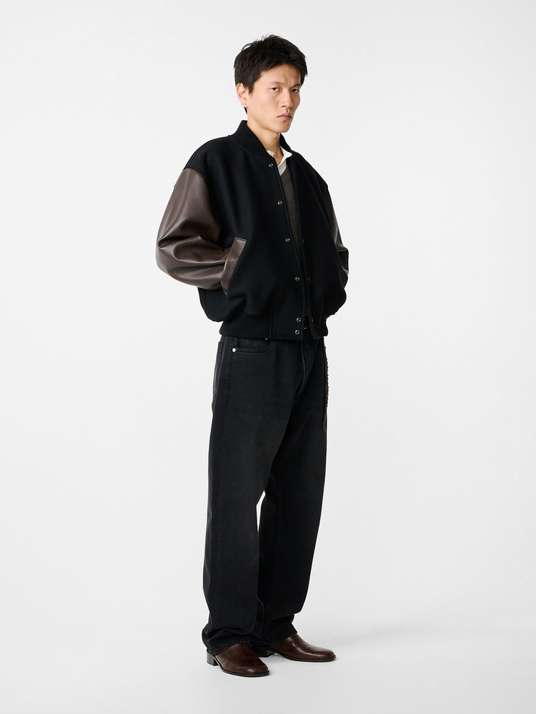 ALPH LEATHER BOMBER JACKET IN BLACK / COCOA