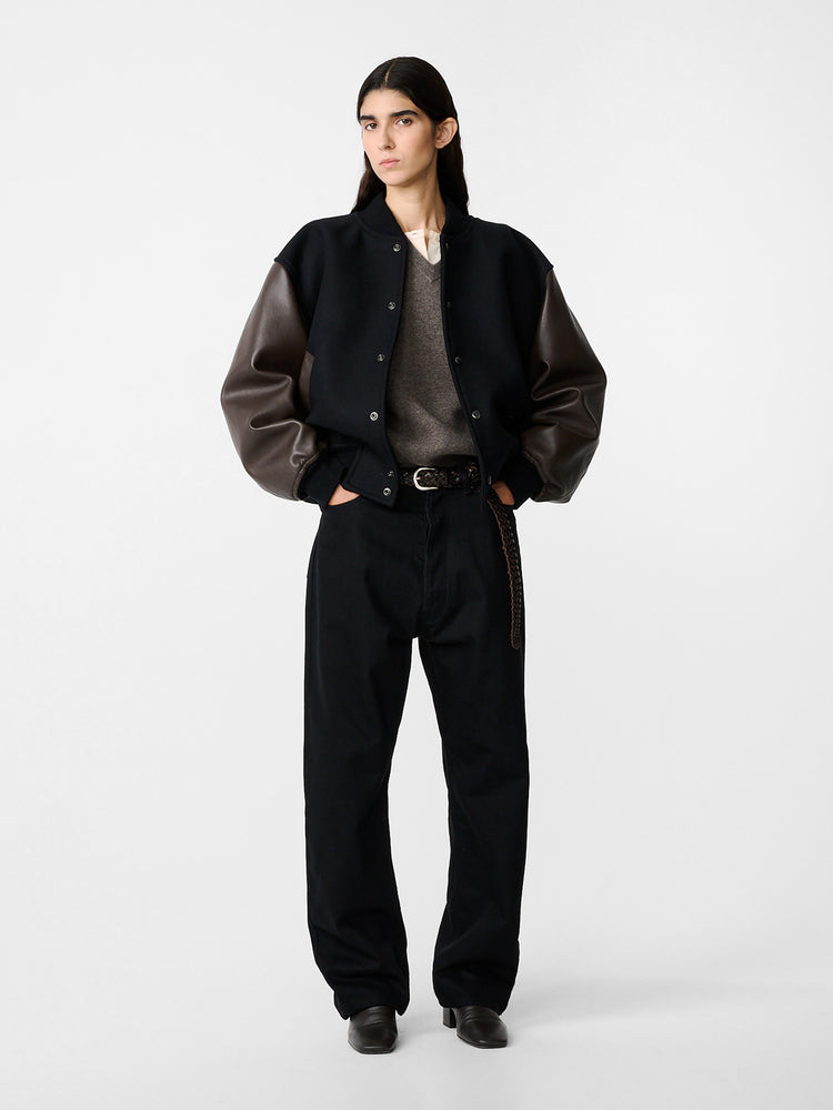 ALPH LEATHER BOMBER JACKET IN BLACK / COCOA