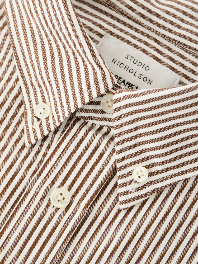 SN X BEAMS PLUS LISA OXFORD SHIRT IN BROWN WHITE STRIPE