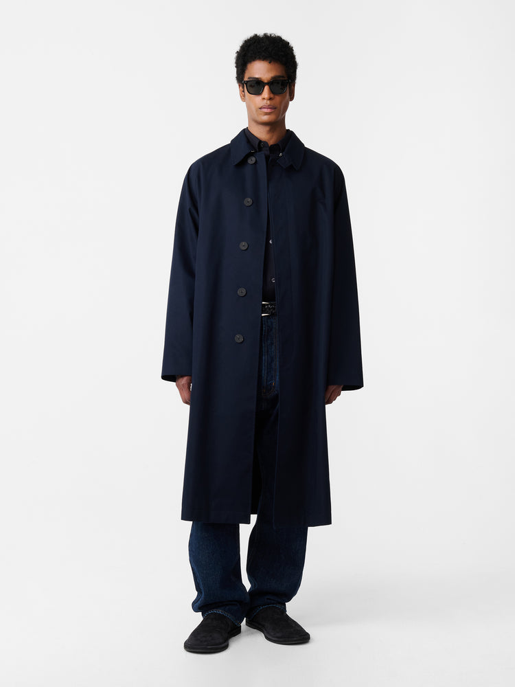 CROWE COATED COTTON COAT IN DARKEST NAVY