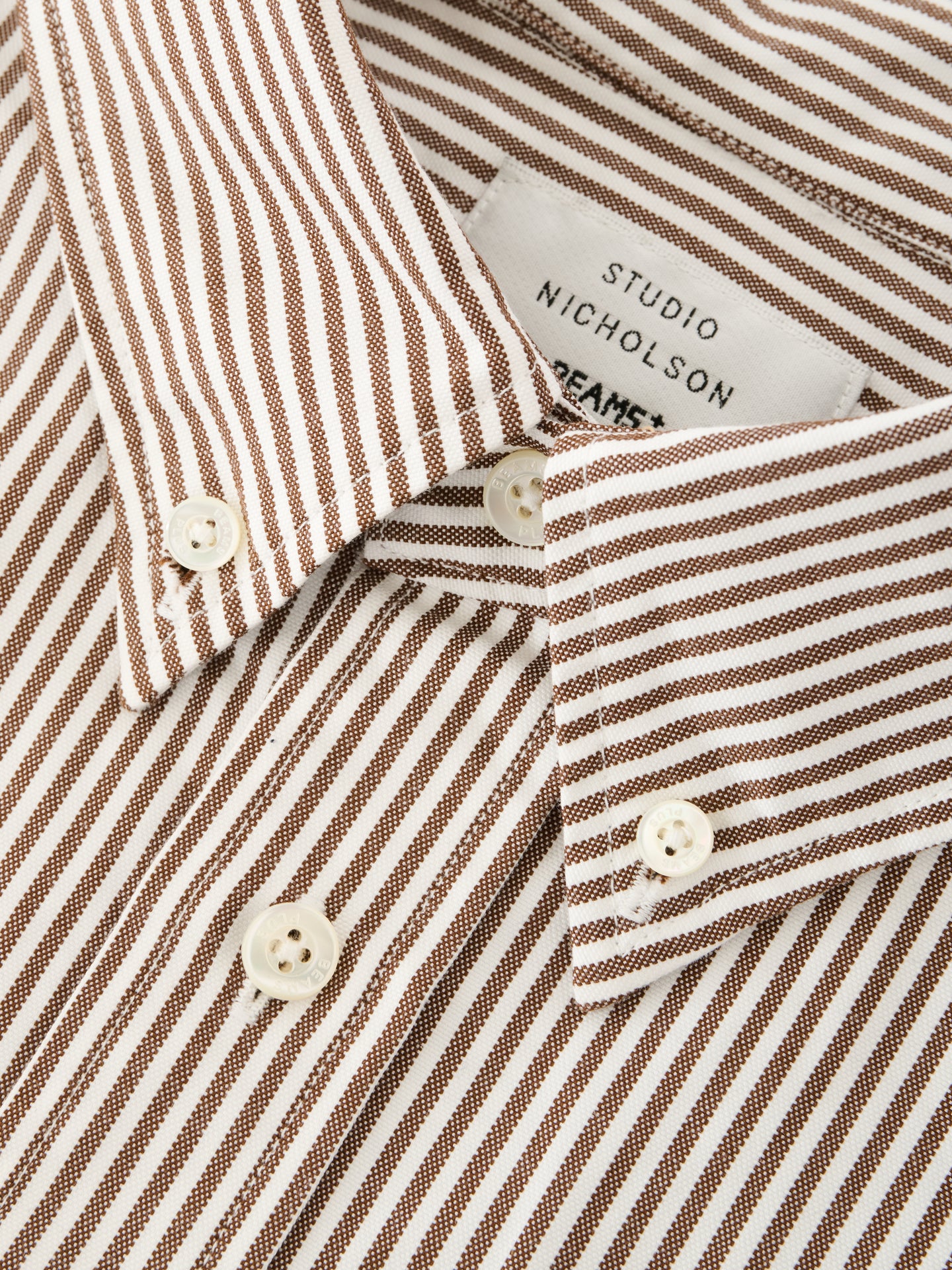 SN X BEAMS PLUS LISA OXFORD SHIRT IN BROWN WHITE STRIPE