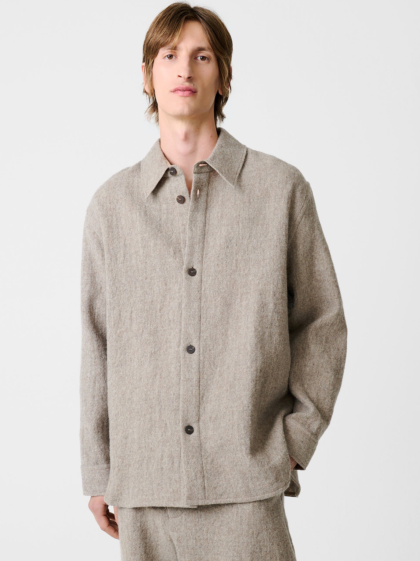 STUDIO NICHOLSON オリーブ半袖シャツ 軽量素材 ファティーグ半袖シャツ メンズ(M オリーブ): トップス｜Right