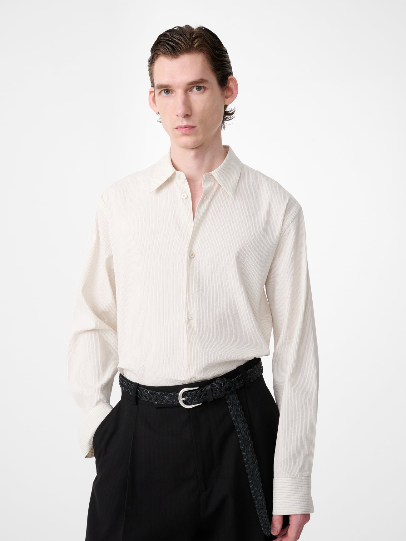 VIEW SHIRT IN PARCHMENT / BLACK STRIPE