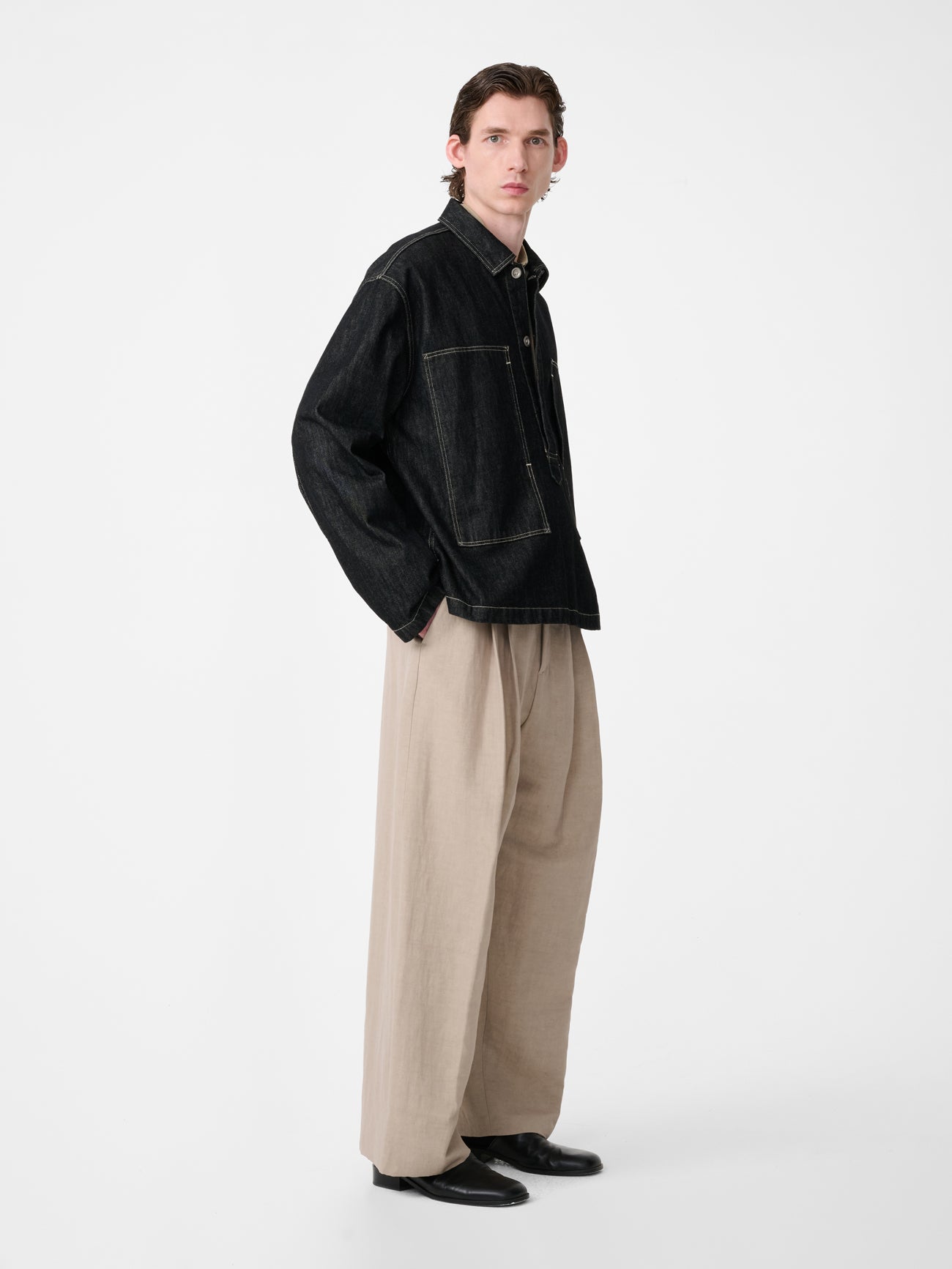YORK POPOVER DENIM SHIRT IN BLACK / WHITE WEFT